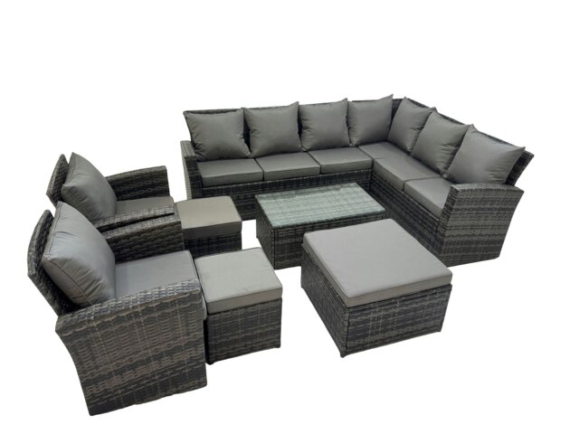 Rackhams Rattan Garden Outdoor Furniture Set 11 Seater Garden Sofa Coffee Table Set with Chair 3 Footstools Dark Grey Mixed - image 1