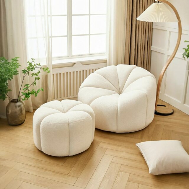 Rackhams Grace Pumpkin Armchair, White Boucle - White - Armchair+Stool