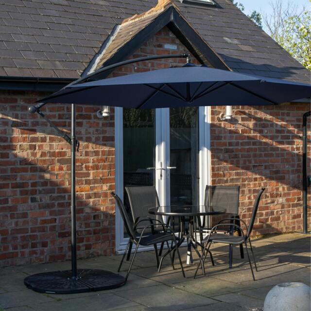 Rackhams Outdoor 4 Person Round Glass Top Garden Dining Table Chairs With Blue Banana Parasol and Base - image 1