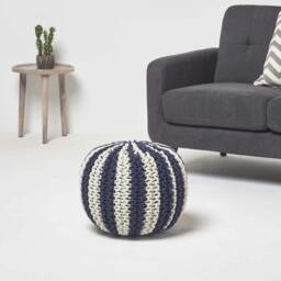 Rackhams Navy and White Knitted Pouffe Striped Footstool - 35 x 40 cm - thumbnail 2