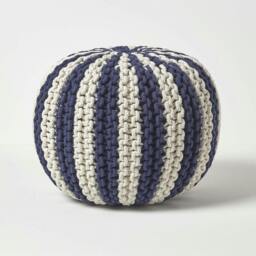 Rackhams Navy and White Knitted Pouffe Striped Footstool - 35 x 40 cm
