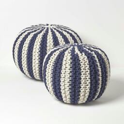 Rackhams Navy and White Knitted Pouffe Striped Footstool - 35 x 40 cm - thumbnail 5