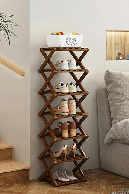 Rackhams 7 Tier Bamboo Folding Shoe Rack Shoe Storage Organiser - Brown - Turquoise - M - image 1