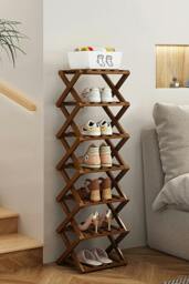 Rackhams 7 Tier Bamboo Folding Shoe Rack Shoe Storage Organiser - Brown - Turquoise - M - thumbnail 1