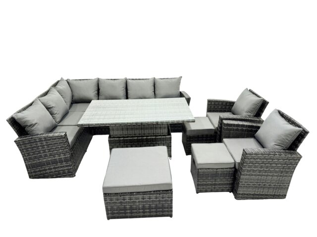 Rackhams Poly Rattan Outdoor Patio Height Adjustable Rising Lifting Table Corner Sofa Set with 3 Stool,2 Chairs for Garden Backyard Dark Grey Mixed - image 1