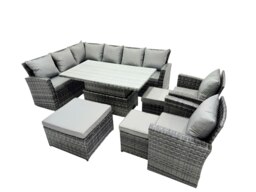 Rackhams Poly Rattan Outdoor Patio Height Adjustable Rising Lifting Table Corner Sofa Set with 3 Stool,2 Chairs for Garden Backyard Dark Grey Mixed - thumbnail 2