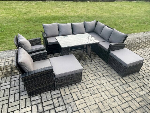 Rackhams High Back Outdoor Garden Furniture Set Rattan Corner Sofa Dining Table Set With 2 Armchairs 2 Big Footstool 10 Seater Dark Grey Mixed - image 1