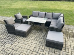 Rackhams High Back Outdoor Garden Furniture Set Rattan Corner Sofa Dining Table Set With 2 Armchairs 2 Big Footstool 10 Seater Dark Grey Mixed - thumbnail 2