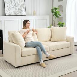 Rackhams 212 cm Upholstered Jumbo Cord Sofa Couch with Spring Cushion, Coffee - Cream white
