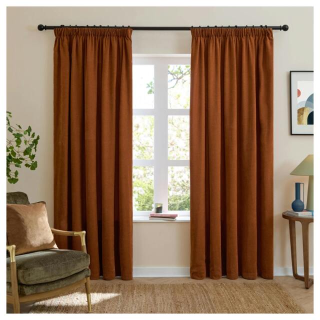 Rackhams Chenille Lined Pencil Pleat Curtains - Rust - 137cm x 229cm - Rust - 100% Polyester - image 1