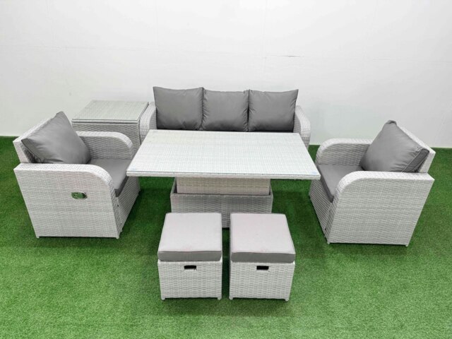 Rackhams Light Grey PE Rattan Outdoor Lounge Set - Reclining Chair, Adjustable Lifting Dining/Coffee Table, Side Table & 2 Small Stools - image 1