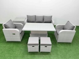 Rackhams Light Grey PE Rattan Outdoor Lounge Set - Reclining Chair, Adjustable Lifting Dining/Coffee Table, Side Table & 2 Small Stools - thumbnail 1