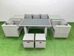Rackhams Patio Garden Furniture Sets with Black Glass Top Dining Table Armchair 3 Seater Sofa 2 Side Tables 2 Small Stool Light Grey