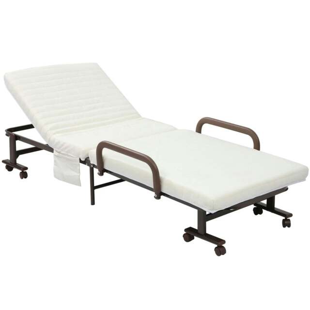 Rackhams Folding Bed with Mattress, Single Guest Bed, Portable Fold Bed with Adjustable Backrest, Metal Frame on Wheels, White, 190 x 76 cm - image 1