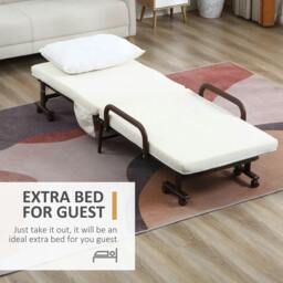 Rackhams Folding Bed with Mattress, Single Guest Bed, Portable Fold Bed with Adjustable Backrest, Metal Frame on Wheels, White, 190 x 76 cm - thumbnail 4