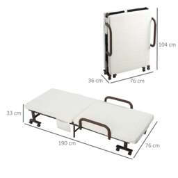 Rackhams Folding Bed with Mattress, Single Guest Bed, Portable Fold Bed with Adjustable Backrest, Metal Frame on Wheels, White, 190 x 76 cm - thumbnail 3