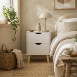 Rackhams Dodomi Suke White Bedside Table With 2 Drawers And Natural Wood Legs - thumbnail 1