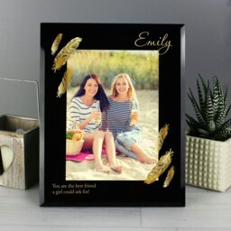 Rackhams Personalised Golden Feather 5x7 Black Glass Photo Frame
