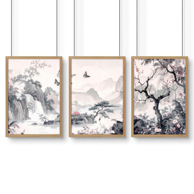 Rackhams Wall Art For Living Room Large - Set of 3 Chinoiserie Wall art Prints - A2 16.54 x 23.39 in / 42 x 59.4 cm - Matte Museum Quality Art Paper 290 gsm - Oak Frame - image 1