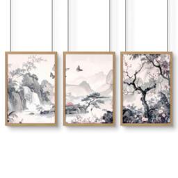 Rackhams Wall Art For Living Room Large - Set of 3 Chinoiserie Wall art Prints - A2 16.54 x 23.39 in / 42 x 59.4 cm - Matte Museum Quality Art Paper 290 gsm - Oak Frame - thumbnail 1