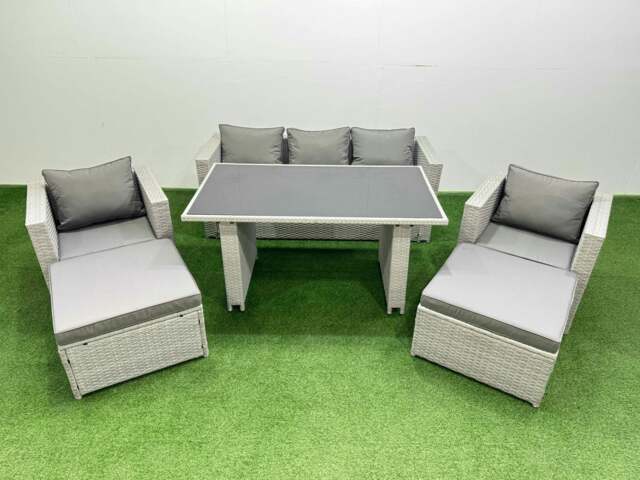 Rackhams Patio Garden Furniture Sets with Black Glass Top Dining Table Armchair 3 Seater Sofa 2 Big Stool Light Grey - image 1