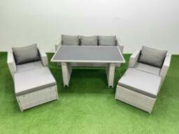Rackhams Patio Garden Furniture Sets with Black Glass Top Dining Table Armchair 3 Seater Sofa 2 Big Stool Light Grey - thumbnail 1