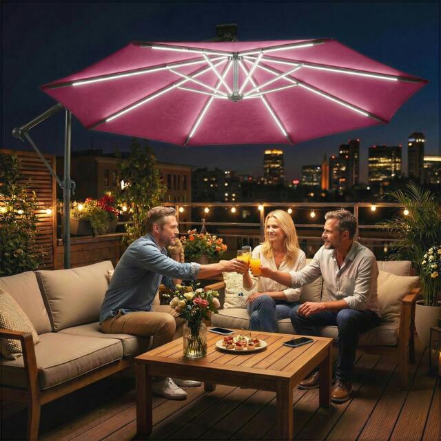Rackhams 3 m Garden Cantilever Parasol with Solar Light, Rotation - Cantilever Garden Parasol - Wine Red - 300 x 300 x 235 cm - image 1