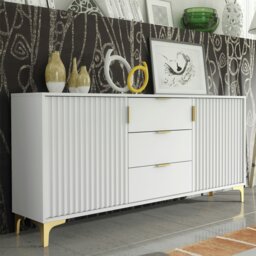 Rackhams Captivating White 140cm Sideboard with Ribbed Doors and Gold Accents - 140 cm  - Grey -  MDF/Chipboard