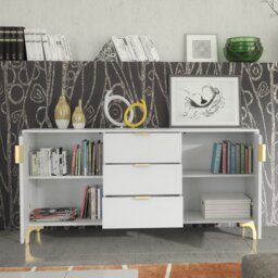 Rackhams Captivating White 140cm Sideboard with Ribbed Doors and Gold Accents - 140 cm  - Grey -  MDF/Chipboard - thumbnail 3