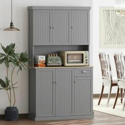 Rackhams 180cm Freestanding Kitchen Cabinet, Modern Storage Cupboard with Open Countertop, Drawer and 6 Doors, Grey - thumbnail 2