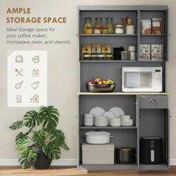 Rackhams 180cm Freestanding Kitchen Cabinet, Modern Storage Cupboard with Open Countertop, Drawer and 6 Doors, Grey - thumbnail 4