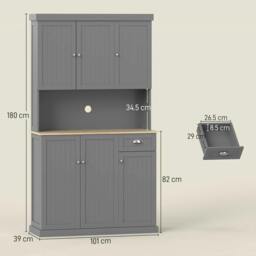 Rackhams 180cm Freestanding Kitchen Cabinet, Modern Storage Cupboard with Open Countertop, Drawer and 6 Doors, Grey - thumbnail 3