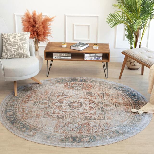 Rackhams Lillian-Washable Brown Blue Traditional Vintage Boho Rug - 200cm_diameter - image 1