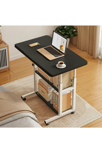 Rackhams 3-tier Height Adjustable Mobile Table Overbed Desk with Shelves Wheels - Black - image 1