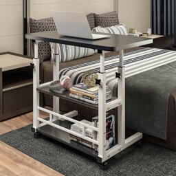 Rackhams 3-tier Height Adjustable Mobile Table Overbed Desk with Shelves Wheels - Black - thumbnail 2