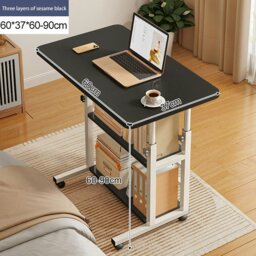 Rackhams 3-tier Height Adjustable Mobile Table Overbed Desk with Shelves Wheels - Black - thumbnail 5