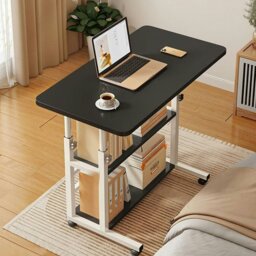 Rackhams 3-tier Height Adjustable Mobile Table Overbed Desk with Shelves Wheels - Black - thumbnail 3