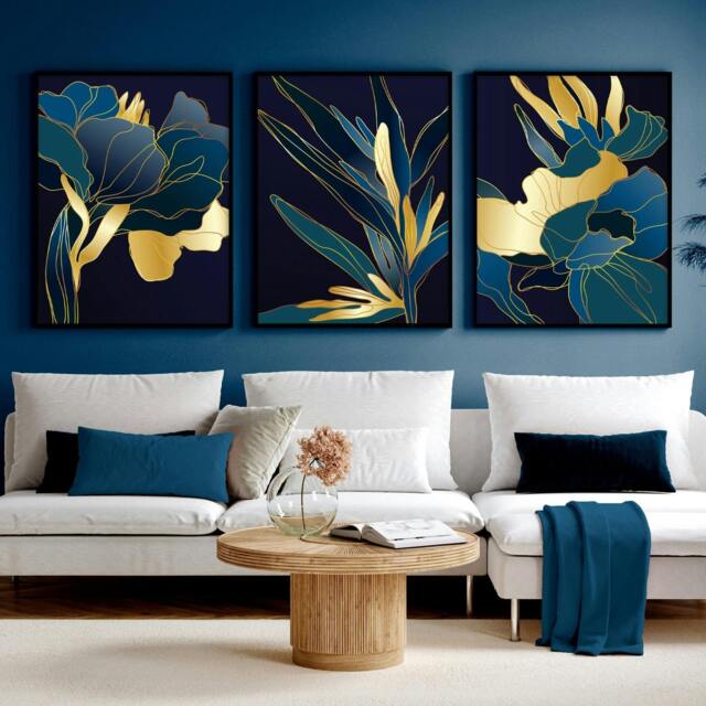 Rackhams Living room artwork - set of 3 Teal wall art prints - 16 x 22 inches / 40.65 cm x 56 cm - Polyester Canvas 260 gsm - Canvas wrapped - image 1