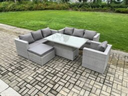 Rackhams Outdoor PE Rattan Garden Funiture Set Height Adjustable Rising Lifting Table Sofa Dining Set with Armchair Big Footstool - thumbnail 1