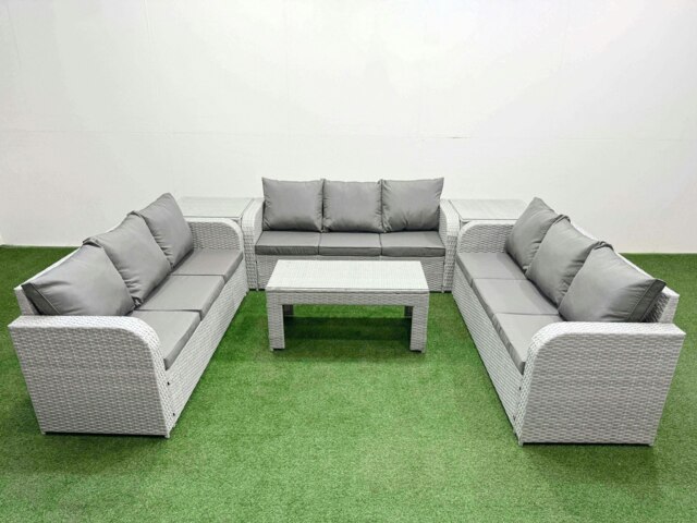 Rackhams PE Rattan Lounge Sofa Set 9 Seater Outdoor Garden Furniture Set with Oblong Coffee Table 3 Seater Sofa 2 Side Table Light Grey - image 1