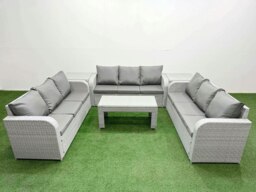Rackhams PE Rattan Lounge Sofa Set 9 Seater Outdoor Garden Furniture Set with Oblong Coffee Table 3 Seater Sofa 2 Side Table Light Grey - thumbnail 1