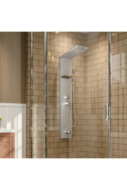 Rackhams Wall Mount Stainless Steel Bathroom Shower Panel Tower System with Shelf - Silver - image 1