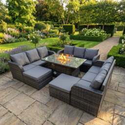 Rackhams Rattan Outdoor Furniture Set with Gas Fire Pit Table, 3 Sofas & 2 Large Stools - Dark Grey Mixed