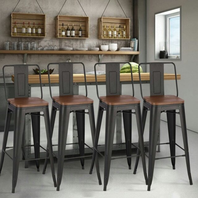 Rackhams Set of 2/4 Metal Wooden High Bar Stools for Kitchen - Elm Brown - Set of 4