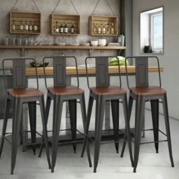 Rackhams Set of 2/4 Metal Wooden High Bar Stools for Kitchen - Elm Brown - Set of 4 - thumbnail 1