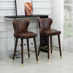 Rackhams Luxury Bar Stools Set of 2 with Back, PU Leather Upholstery, Brown - Brown - thumbnail 1