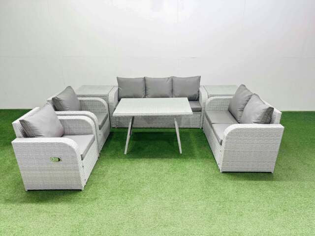 Rackhams PE Rattan Garden Furniture Set Outdoor Rectangular Dining Table Sofa Set with Reclining Chair 2 Side Tables Light Grey - image 1