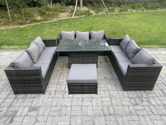 Rackhams 10 Seater Rattan Garden Furniture Sofa Set Outdoor Adjustable Rising Lifting Dining Table Set with Big Footstool Dark Grey Mixed - image 1