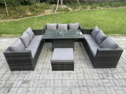 Rackhams 10 Seater Rattan Garden Furniture Sofa Set Outdoor Adjustable Rising Lifting Dining Table Set with Big Footstool Dark Grey Mixed - thumbnail 1