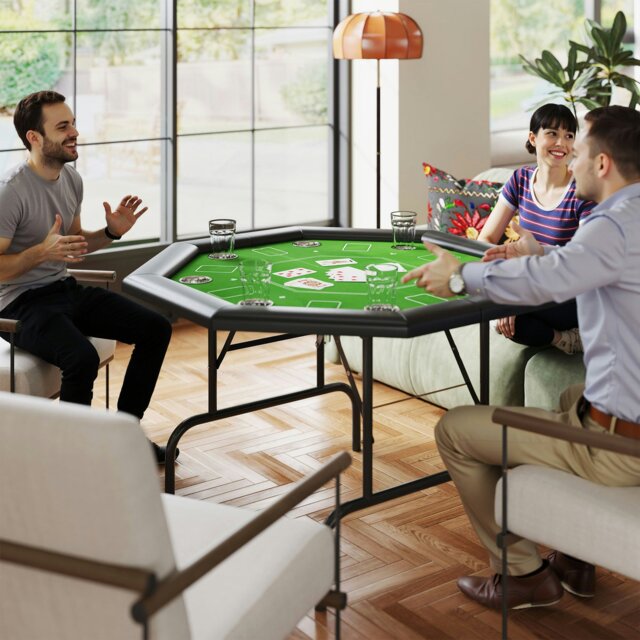 Rackhams 8 Player Foldable Poker Table with Cup Holders, Green - Green - MDF, Metal - 120L x 120W x 76H cm - image 1